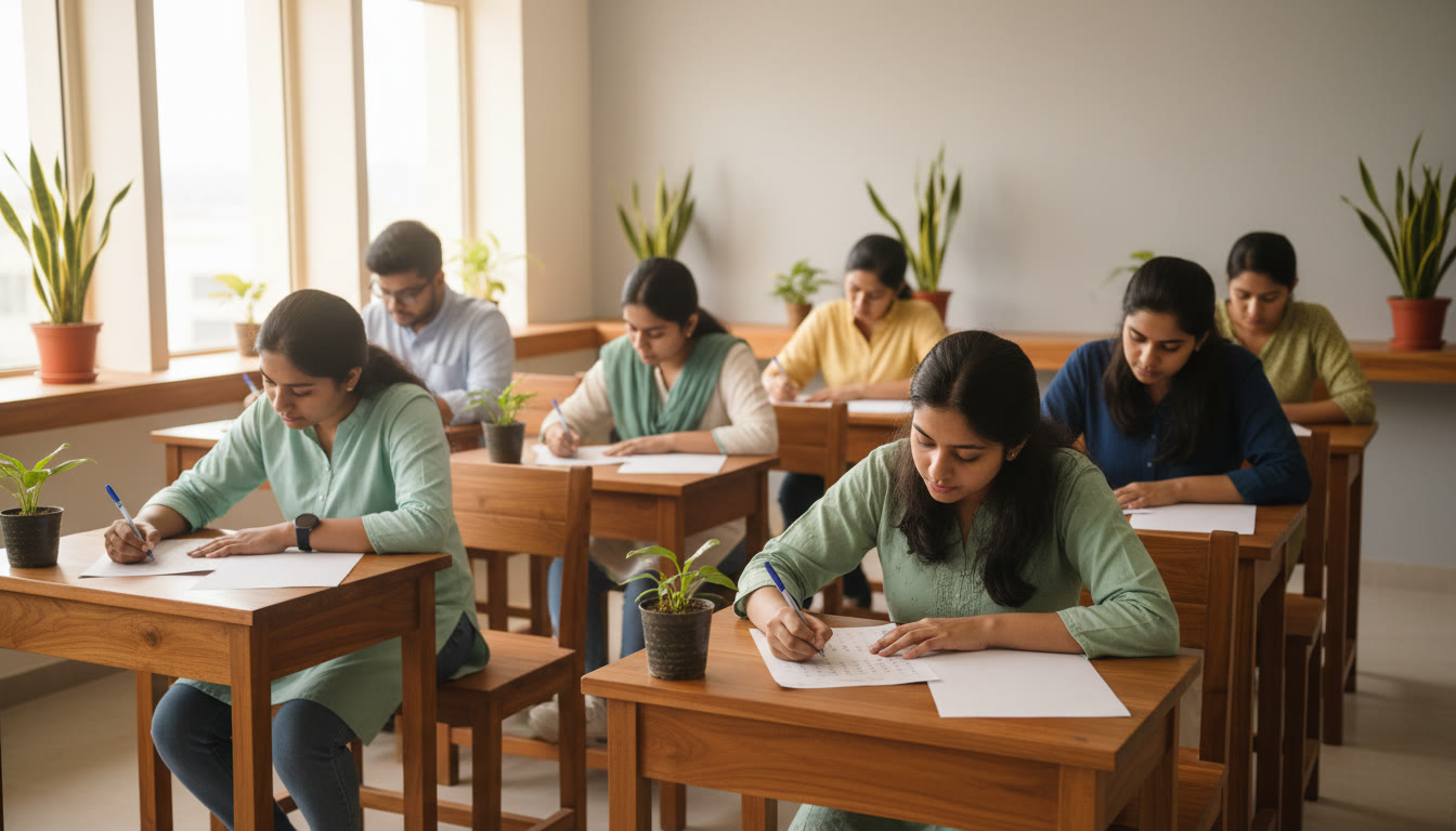 Photo Idea : students taking a mock exam in a classroom setting with OMR sheet and pen