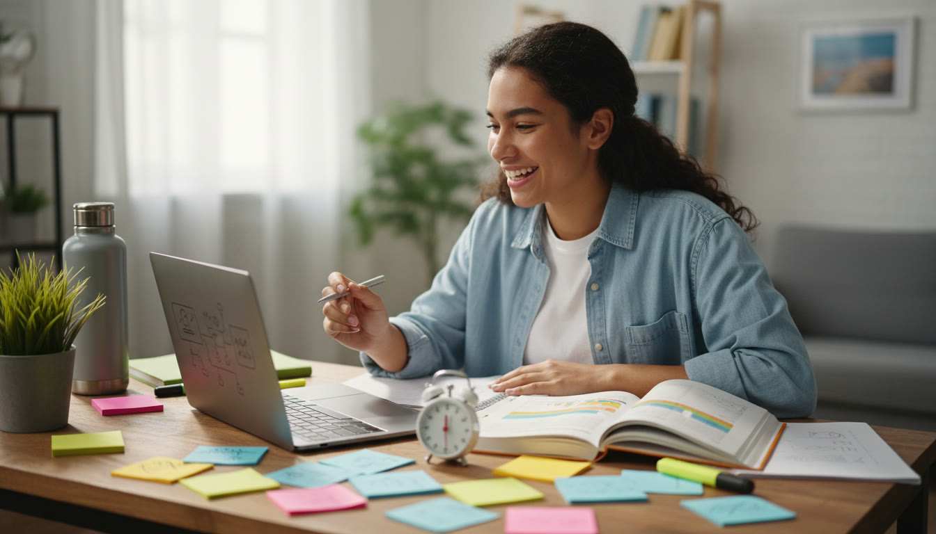Photo Idea : A student working at a desk with sticky notes and a timer, displaying a focused study session