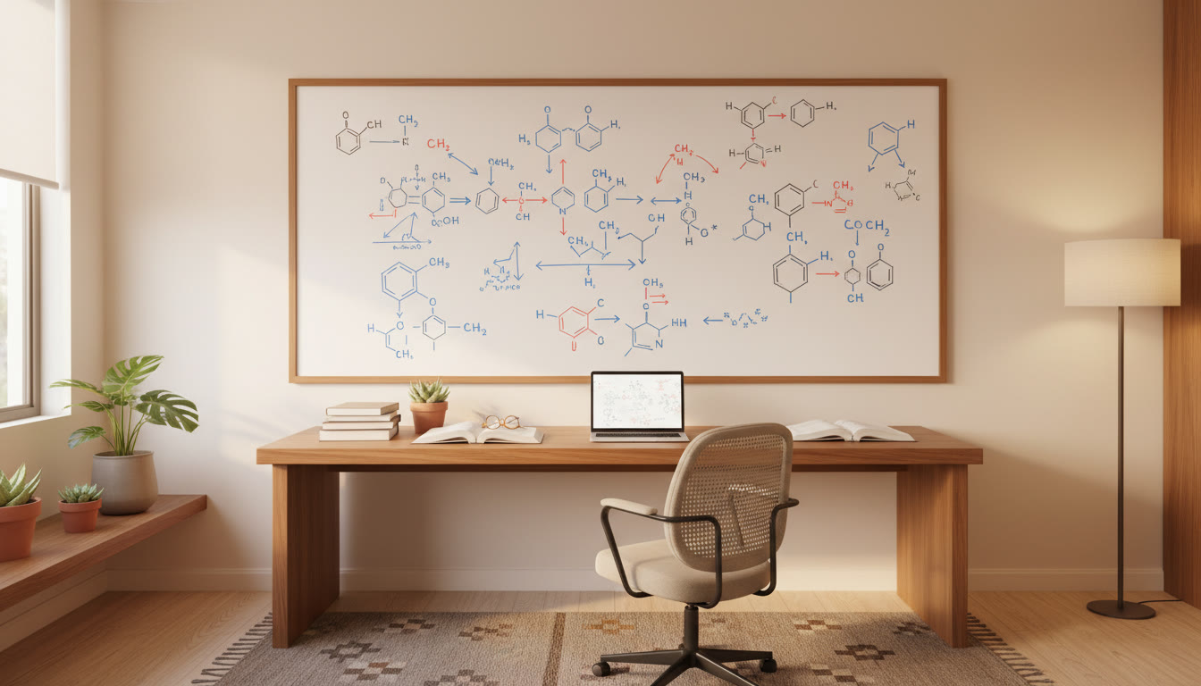 Photo Idea : A whiteboard with chemical structures and reaction arrows drawn during focused revision