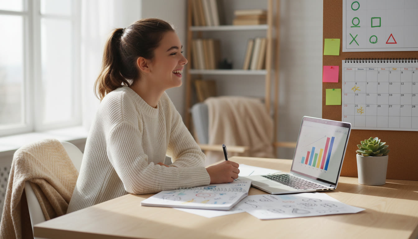 Photo Idea : A student at a desk with notebooks, a laptop, and a calendar marked with priorities