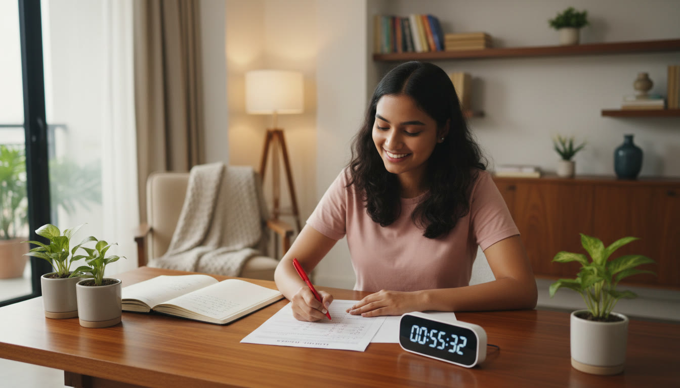 Photo Idea : A student sitting with a printed exam paper and a timer, marking answers and taking notes