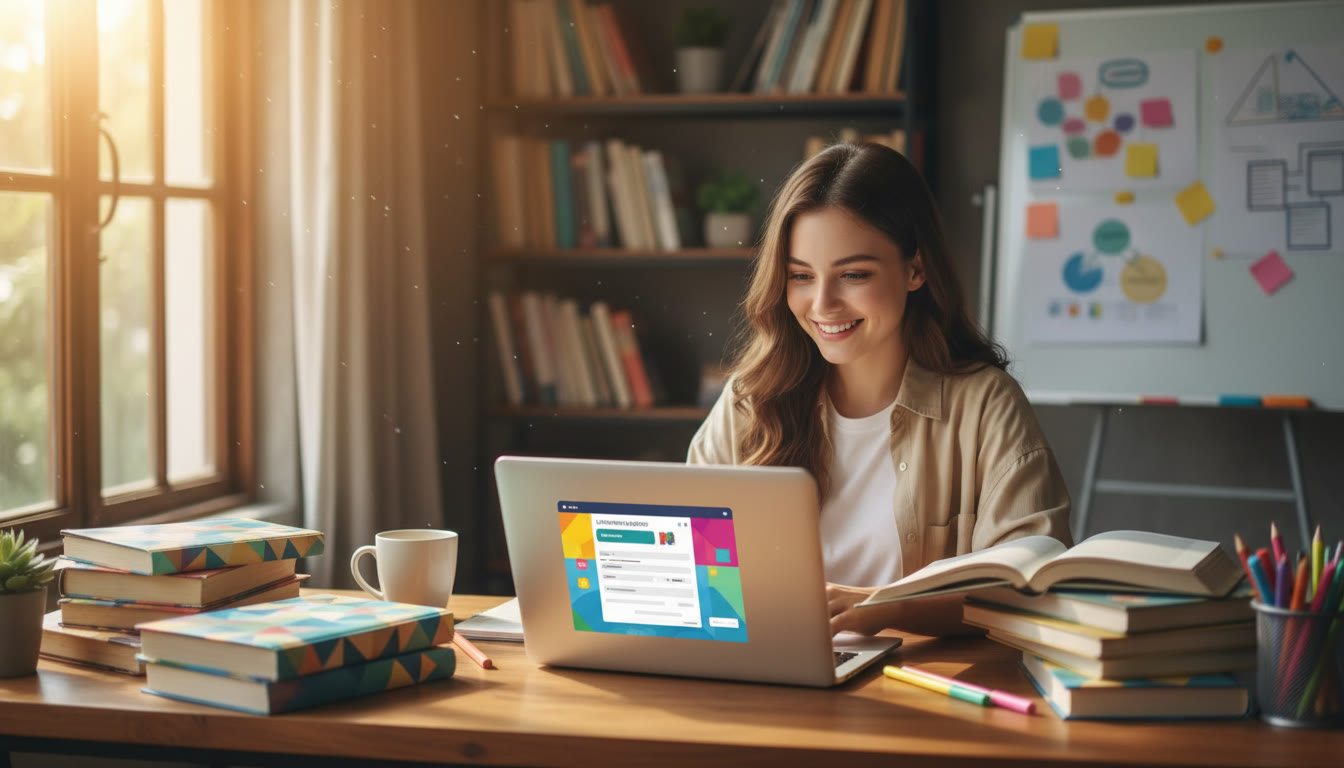 Photo Idea : Student studying at a desk with IB textbooks, laptop open to a university application draft