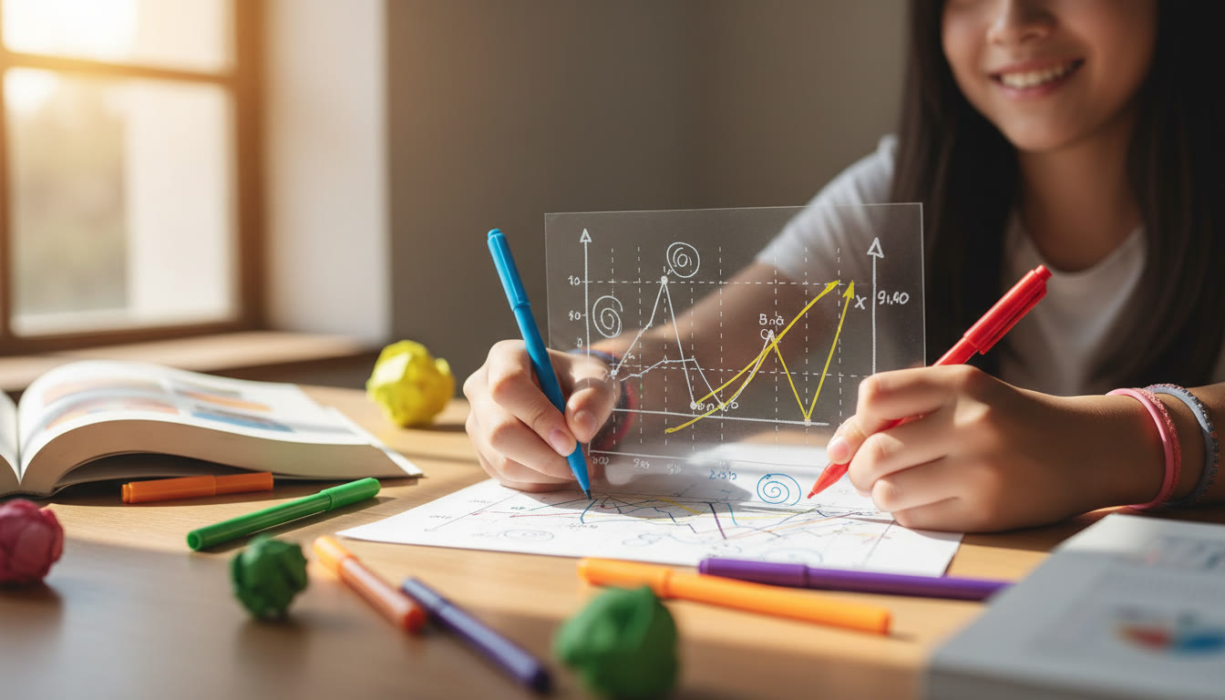 Photo Idea : Close-up of a student annotating a clear graph printed on paper with colored pens