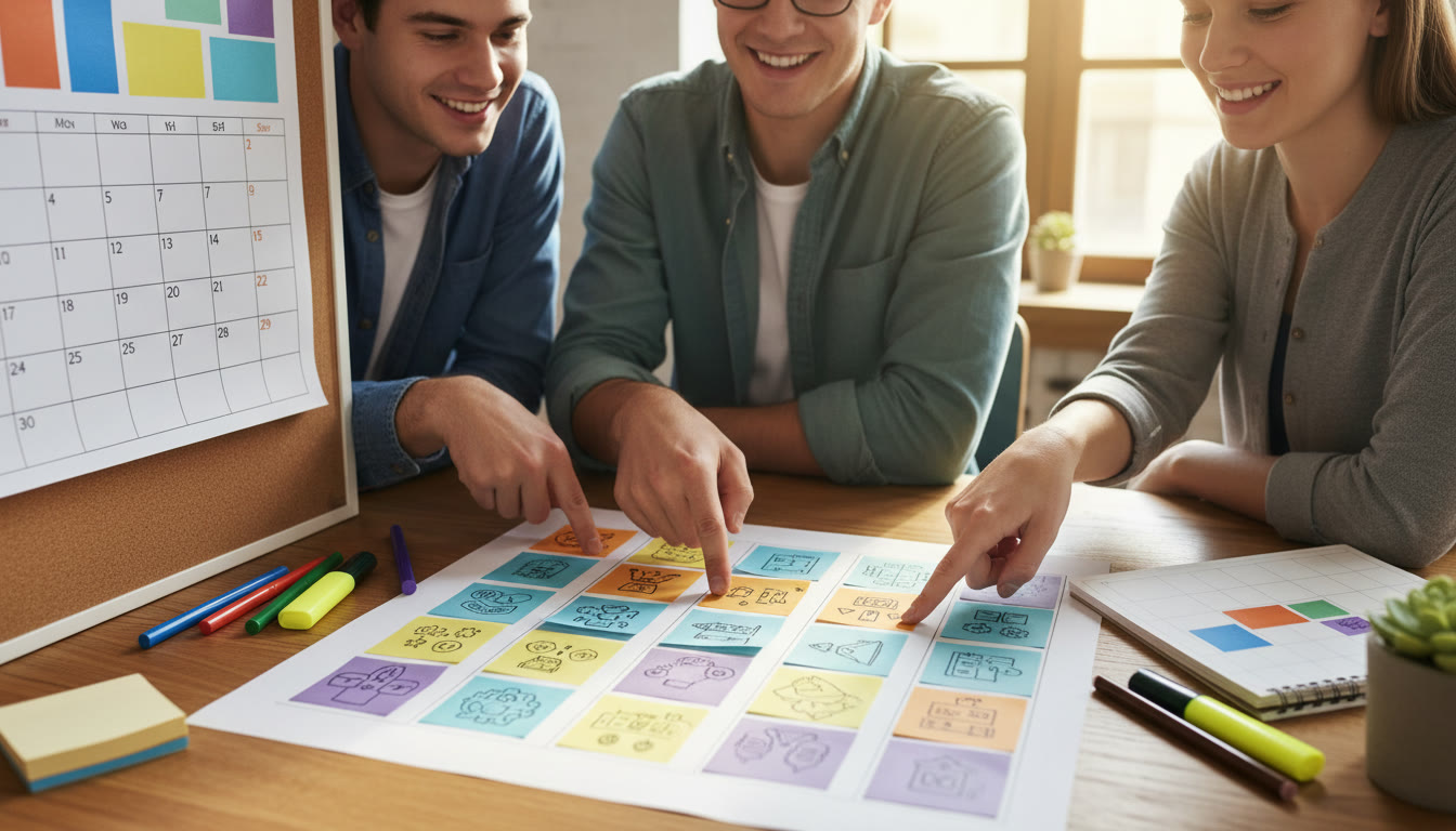 Photo Idea : Close-up of hands planning a colorful two-year roadmap on paper with sticky notes and a calendar