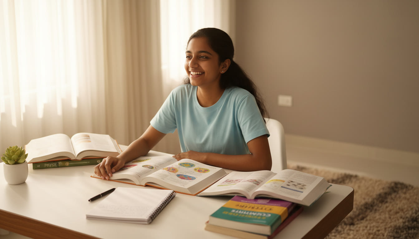 Photo Idea : A student sitting at a tidy desk surrounded by open science books, notebook and a pen