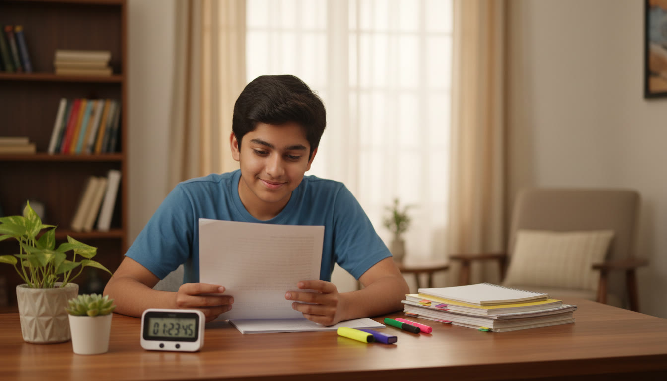 Photo Idea : Student carefully reading a question paper with a timer and neat notes on the desk