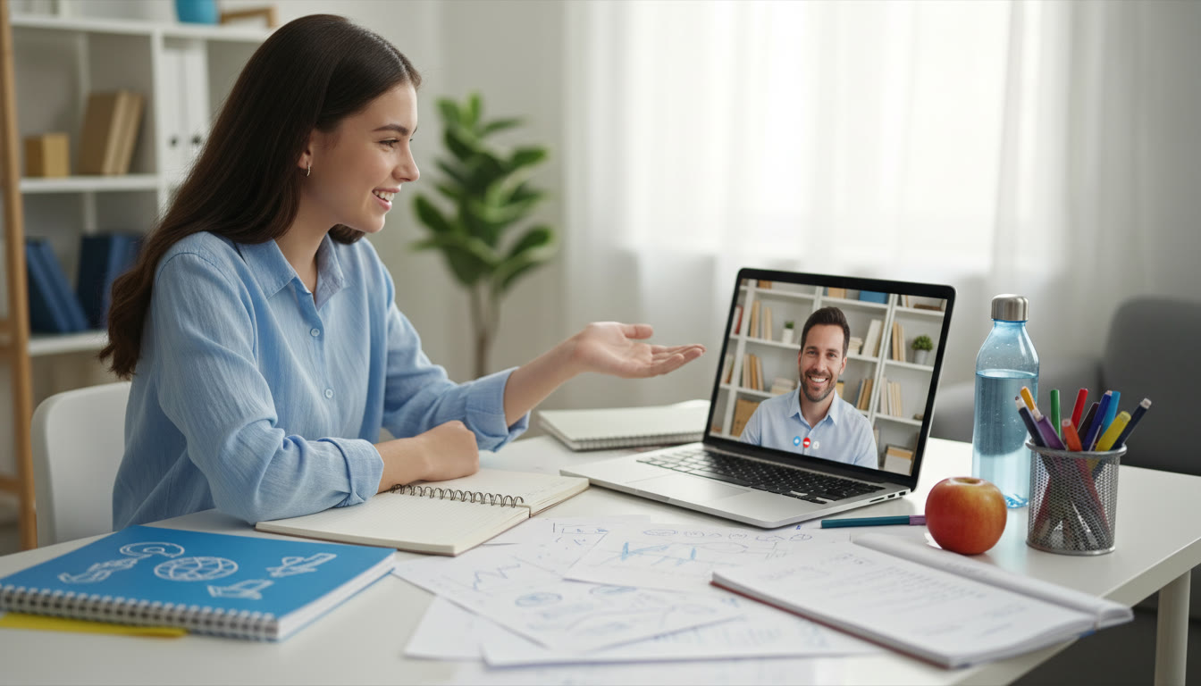 Photo Idea : Student practicing an interview with a tutor over video call, notes visible