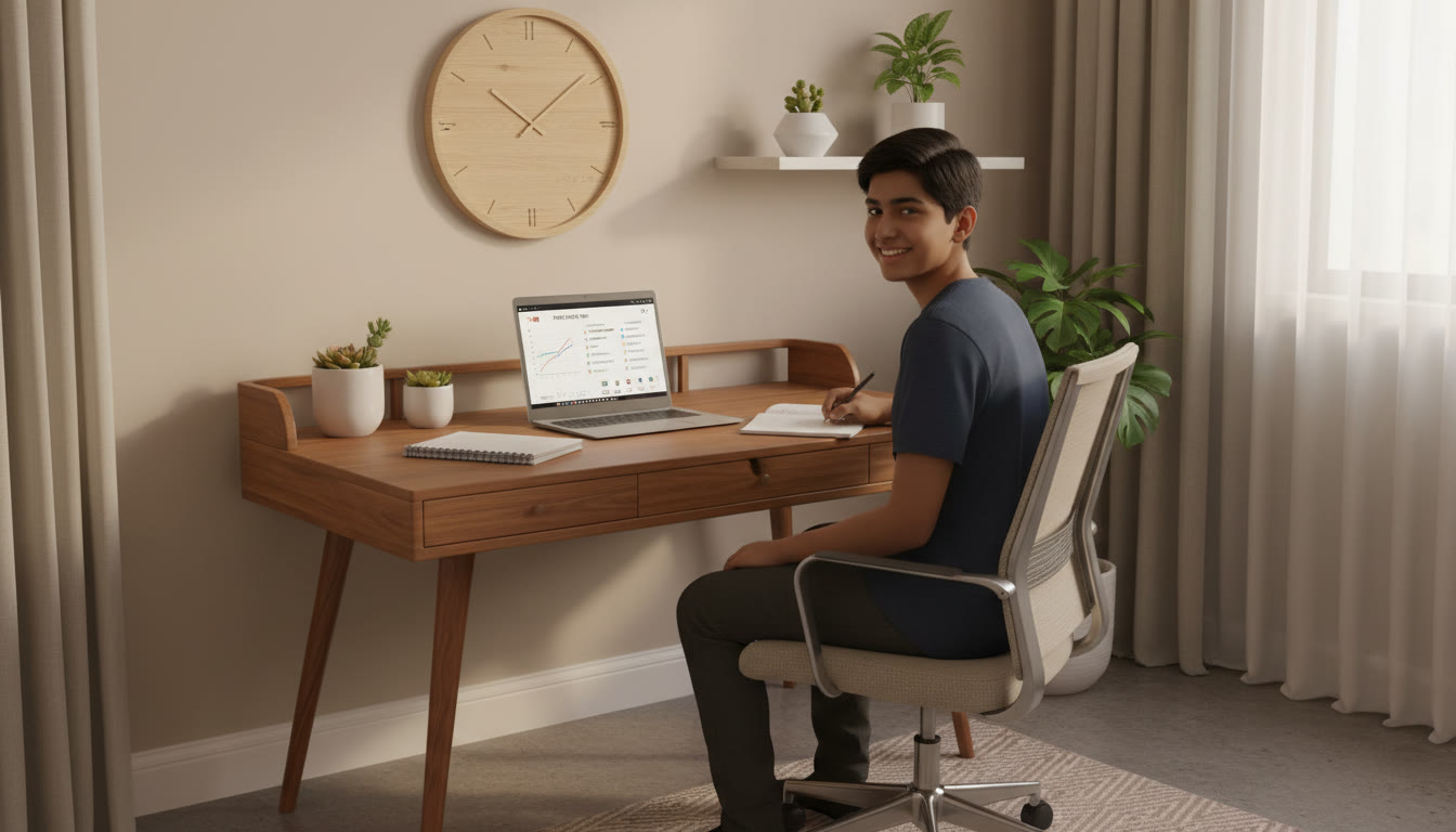 Photo Idea : A focused student at a desk taking a timed mock test on a laptop with a visible wall clock and a neat error log notebook beside them.