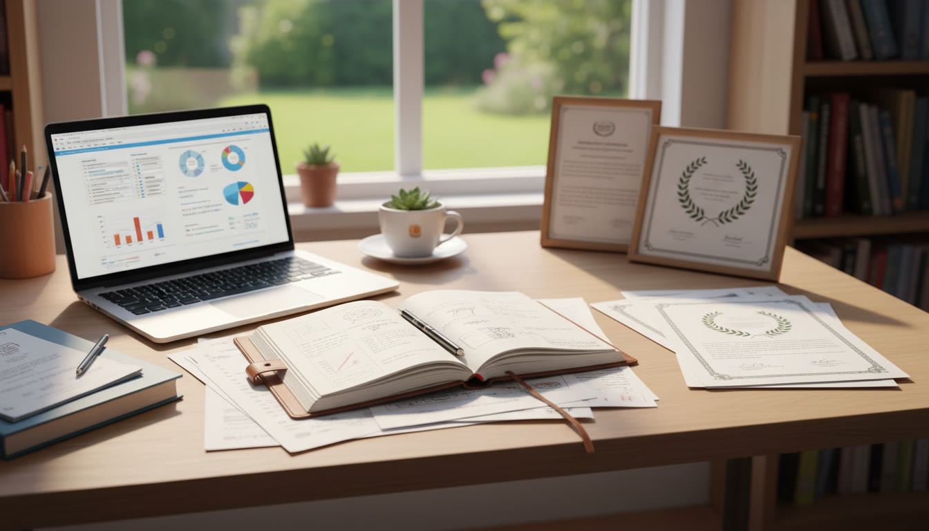 Photo Idea : A student’s desk with CAS journal, Extended Essay notes, a laptop, and a few extracurricular certificates arranged neatly