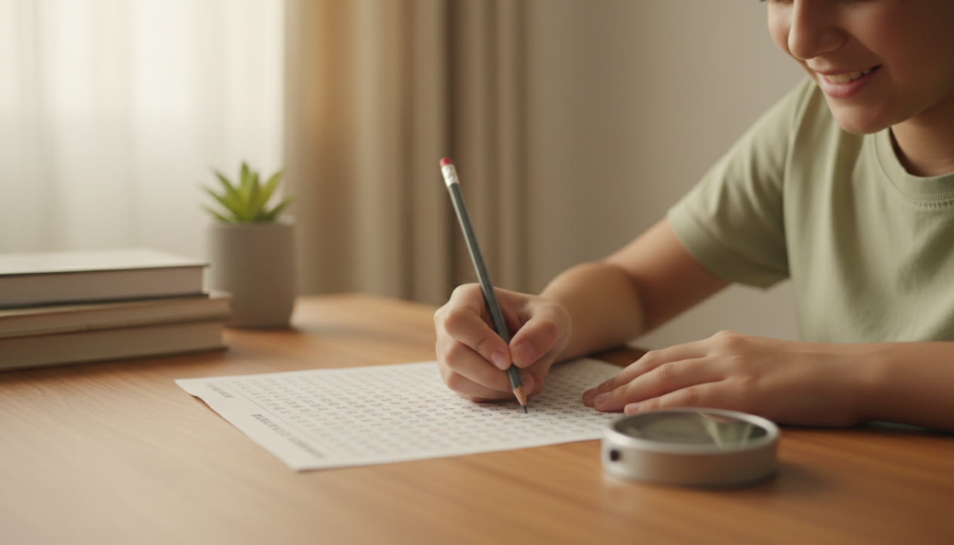 Photo Idea : Close-up of a student practicing OMR sheet with pencil and stopwatch