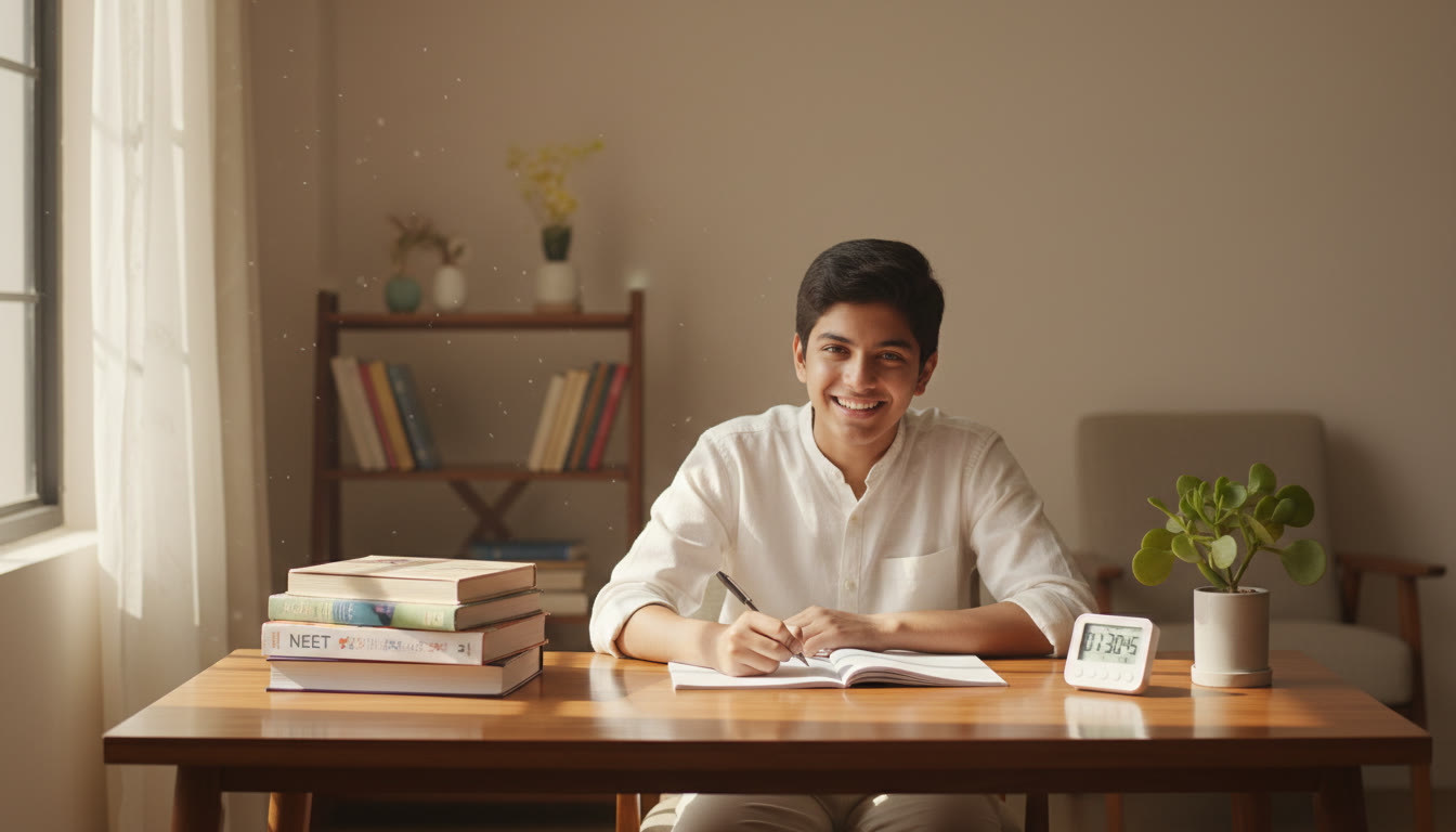 Photo Idea : A focused student at a tidy study desk with NEET prep books, a timer, and a small plant with sunlight streaming in.