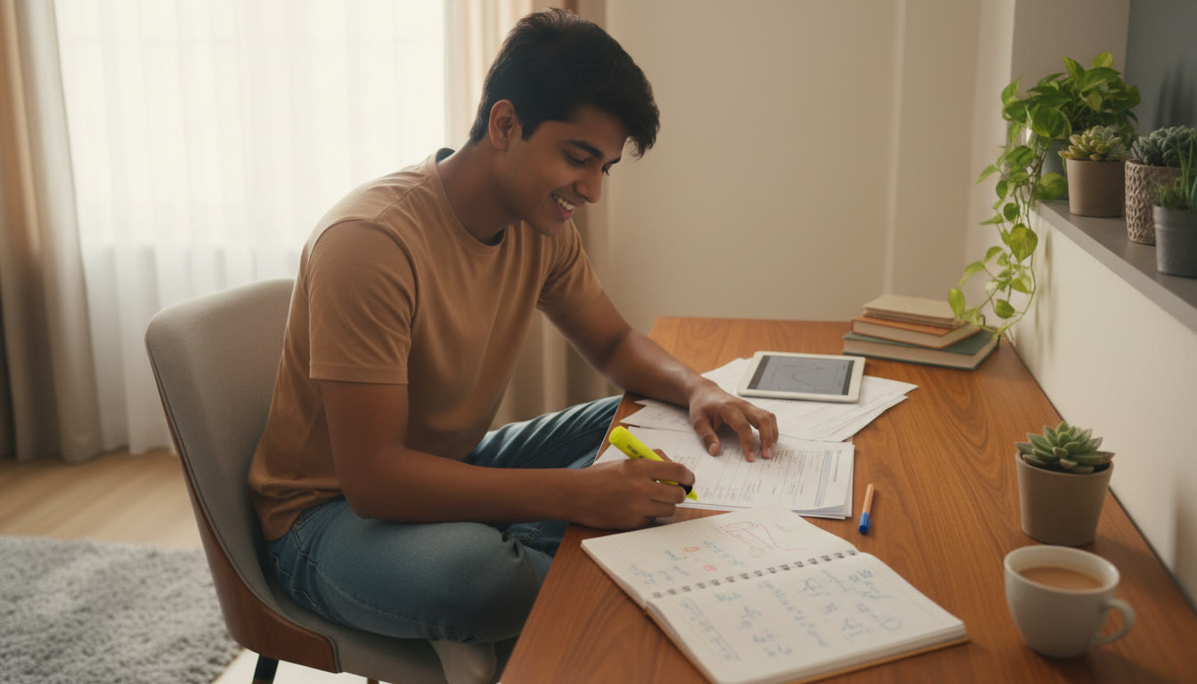 Photo Idea : Student at a desk analyzing a mock test paper with highlighter and notebook