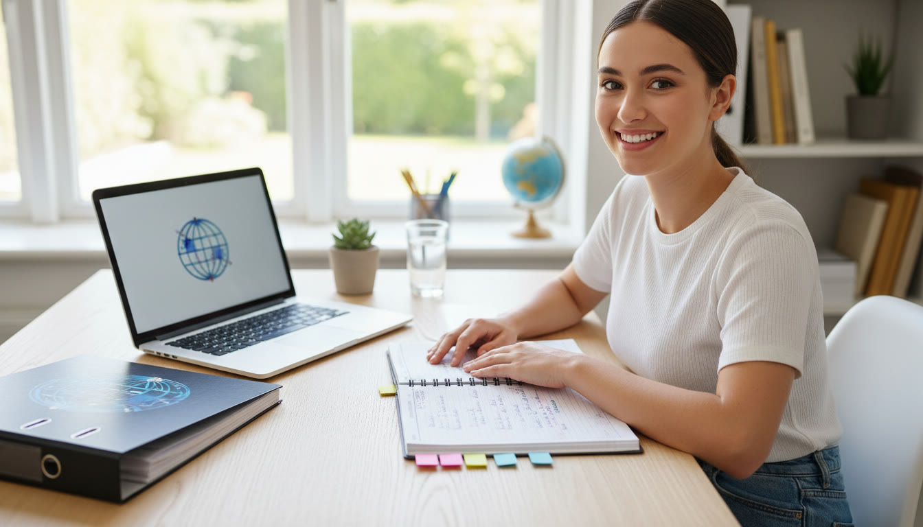 Photo Idea : Student at a tidy desk with an open planner, colored sticky notes, and an IB binder next to a laptop