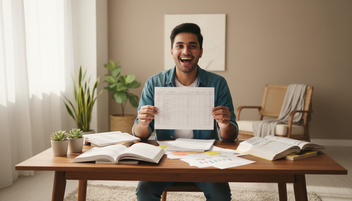 Photo Idea : Student holding a mock score sheet with study notes scattered on a desk