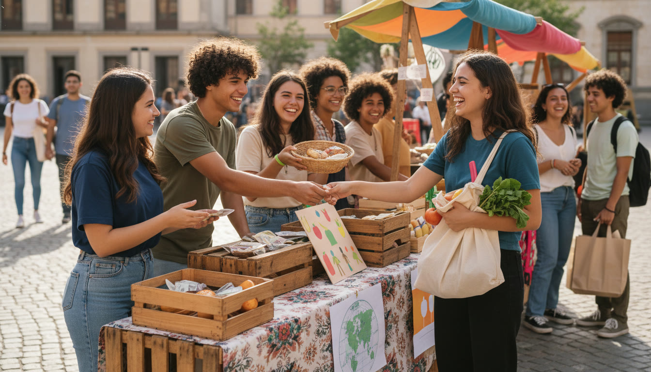 Photo Idea : students running a pop-up market stall, exchanging money and smiling