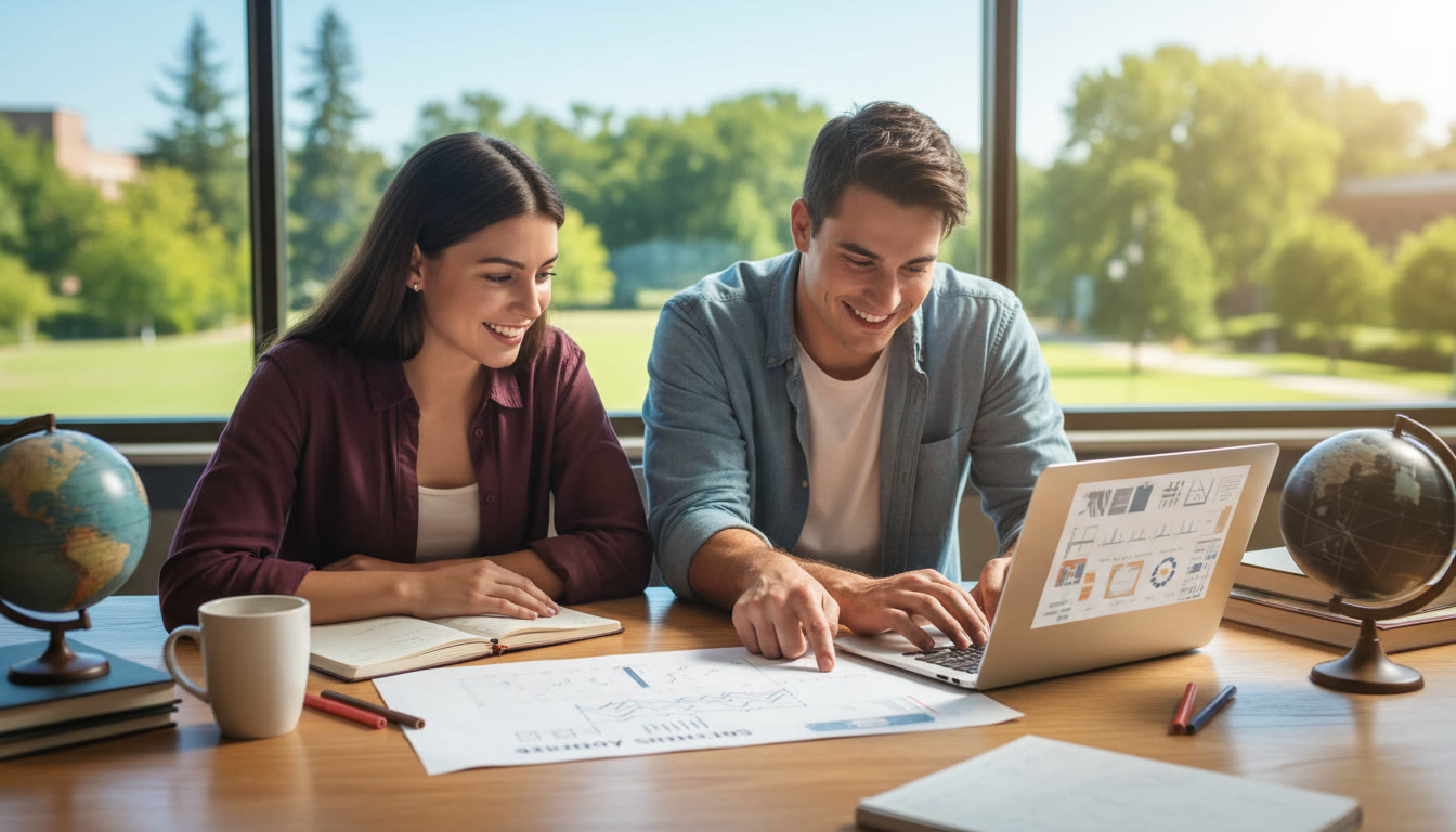 Photo Idea : Two students in a study session with one pointing at a printed scholarship prompt while the other types notes on a laptop