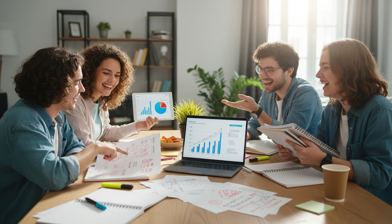 Photo Idea : A small study group reviewing marked mock exams with notes and a laptop displaying performance charts.