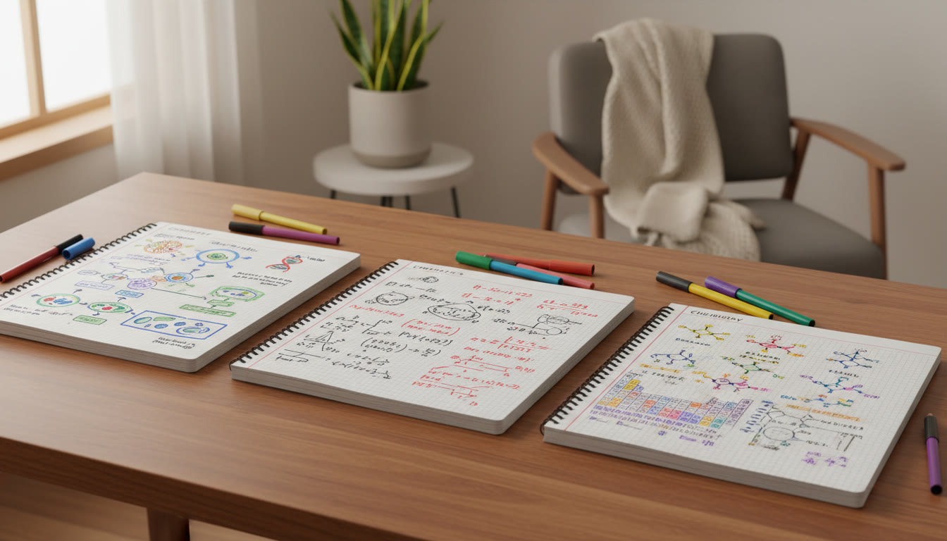 Photo Idea : Close-up of annotated notebooks for Biology, Physics, and Chemistry laid out side by side