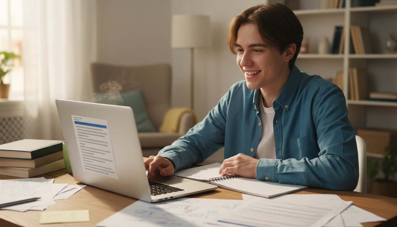 Photo Idea : A student refining their personal statement on a laptop while surrounded by notes and a printed transcript