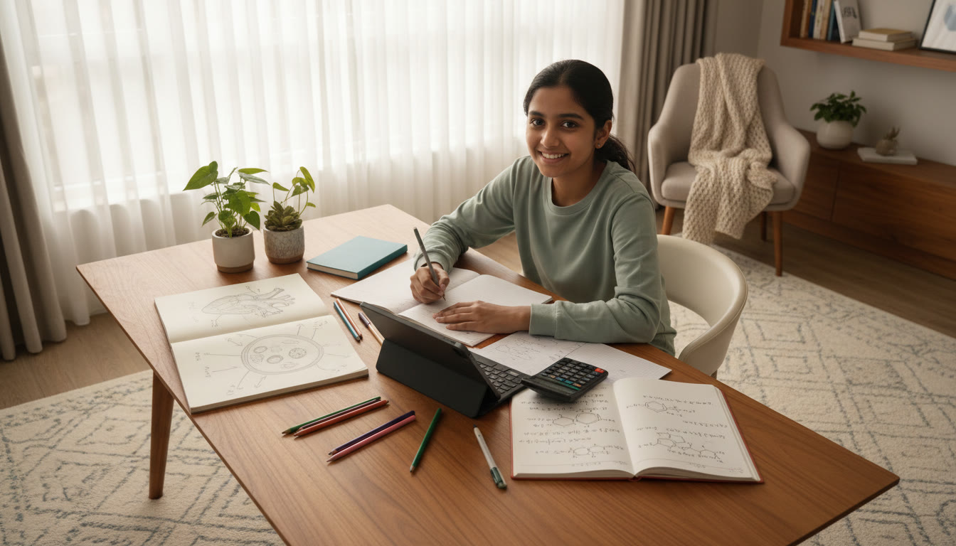 Photo Idea : A student sketching biological diagrams and problem-solving equations side by side