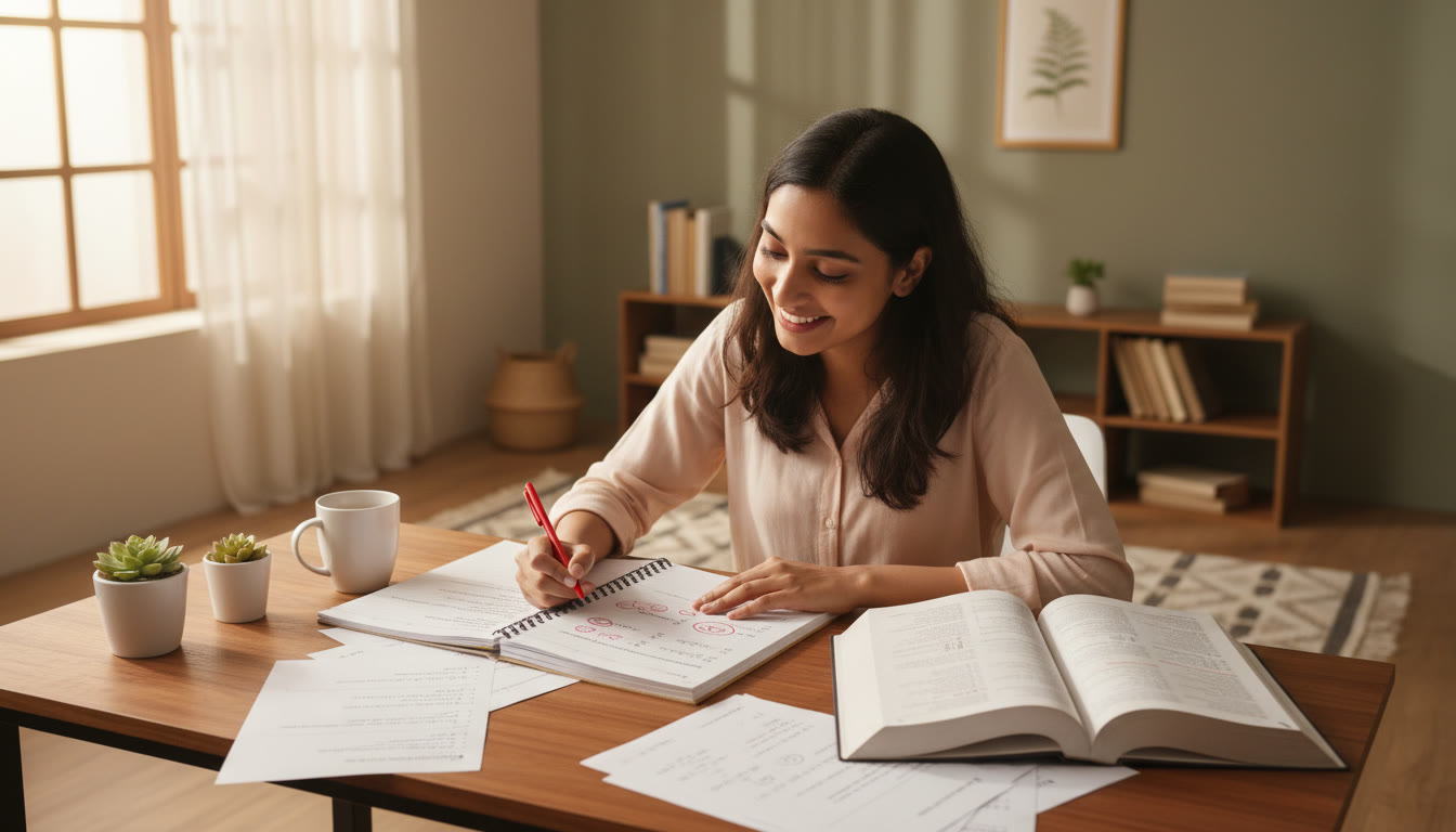 Photo Idea : a student marking errors in a notebook while reviewing a full-length mock test