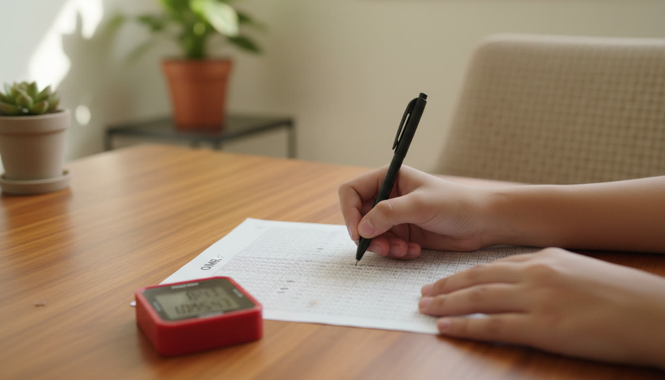 Photo Idea : Close-up of a student marking answers on an OMR sheet while a stopwatch runs.