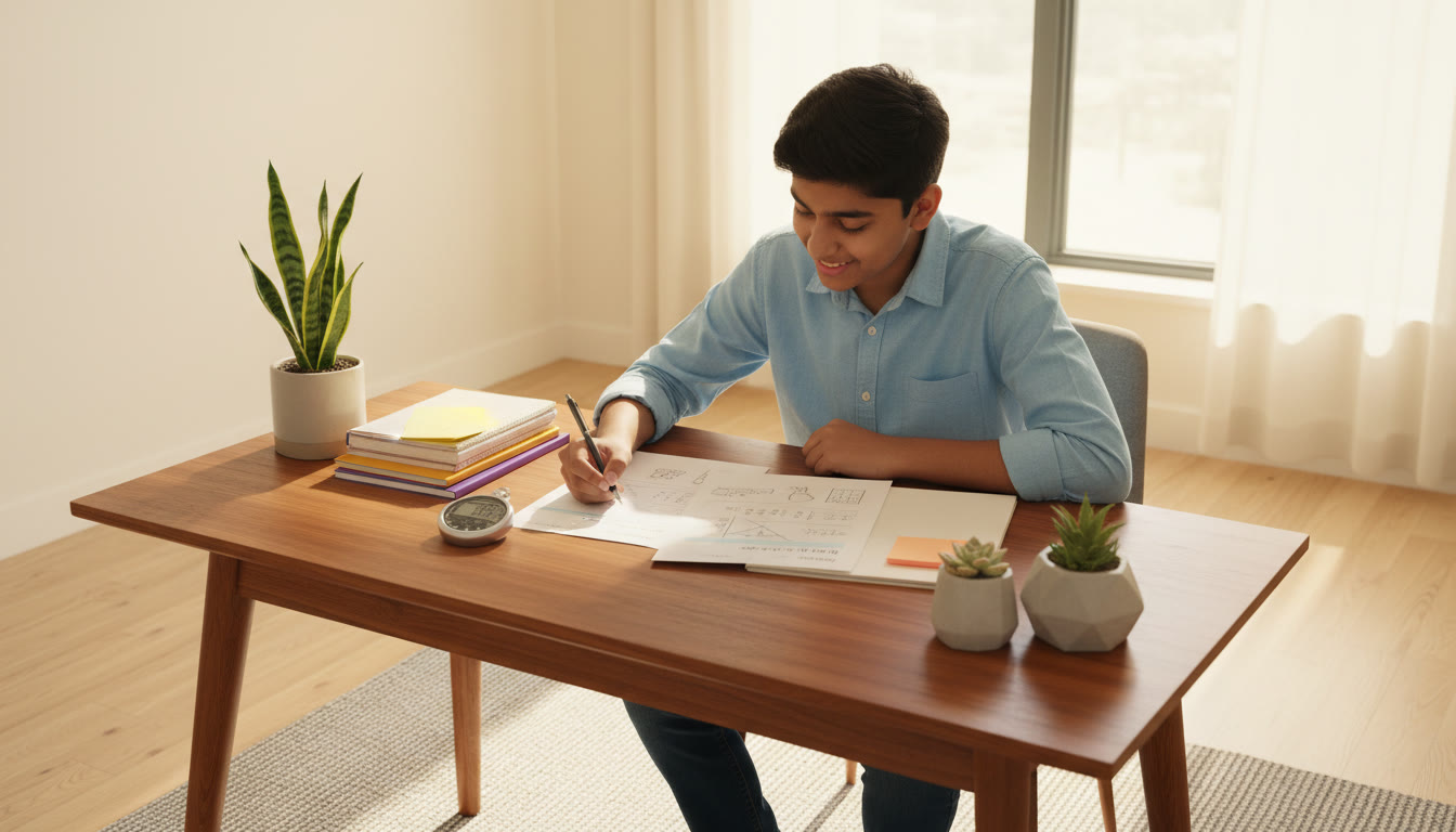 Photo Idea : A focused student at a desk with a test paper, stopwatch, and neatly organized notes