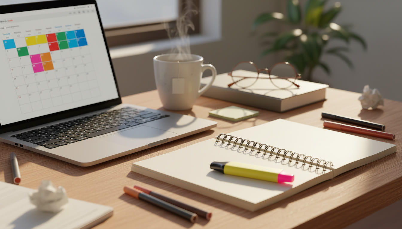 Photo Idea : A student desk with an open notebook, highlighters, a laptop showing a study timetable, and a cup of tea