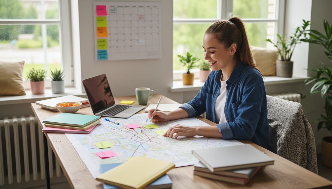Photo Idea : Student sitting at a desk surrounded by notebooks and a laptop, mapping out a two-year plan