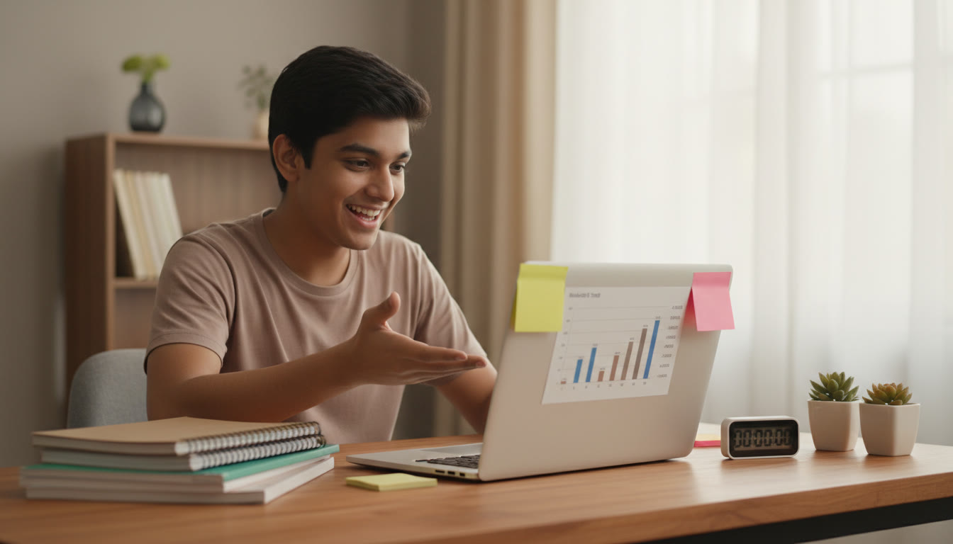 Photo Idea : Student at a study desk reviewing a mock test score on a laptop with notebooks, a timer, and sticky notes visible