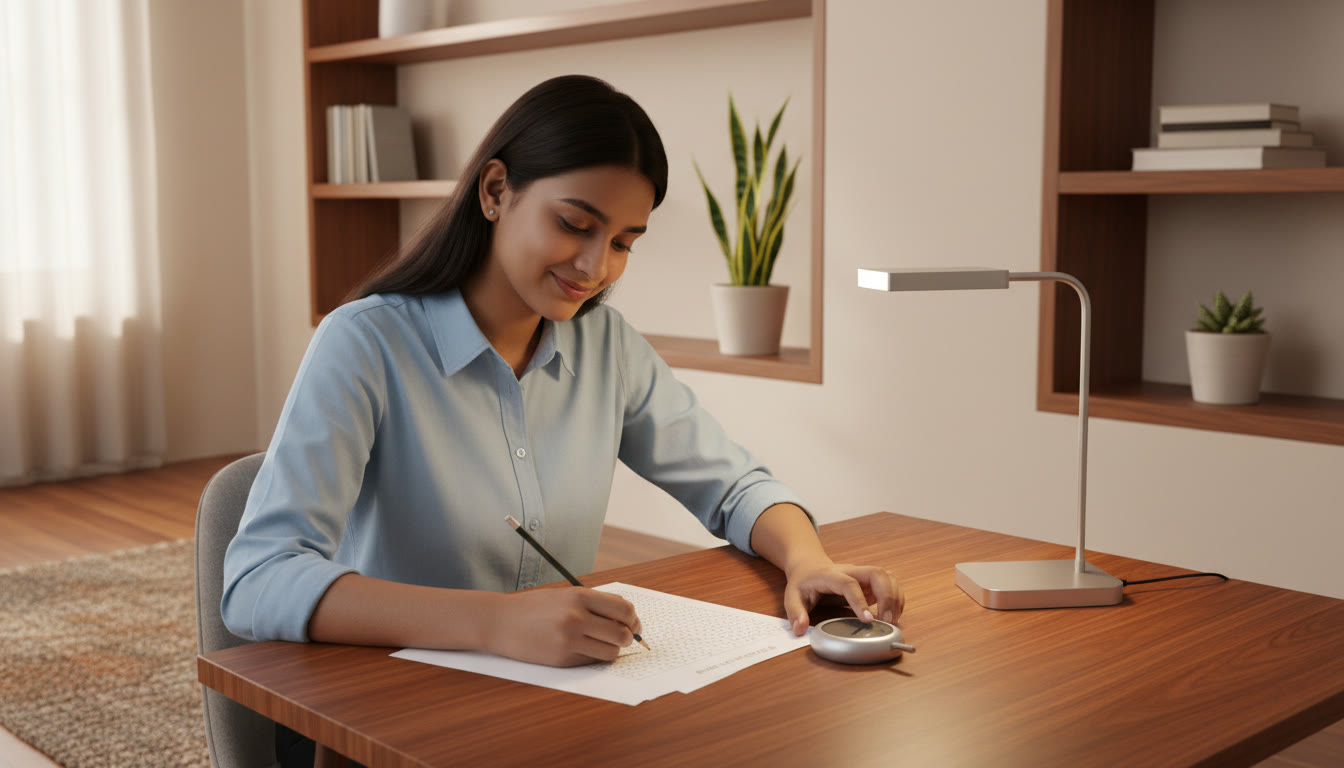 Photo Idea : Student completing a mock test with a stopwatch, OMR sheet and a quiet desk lamp.