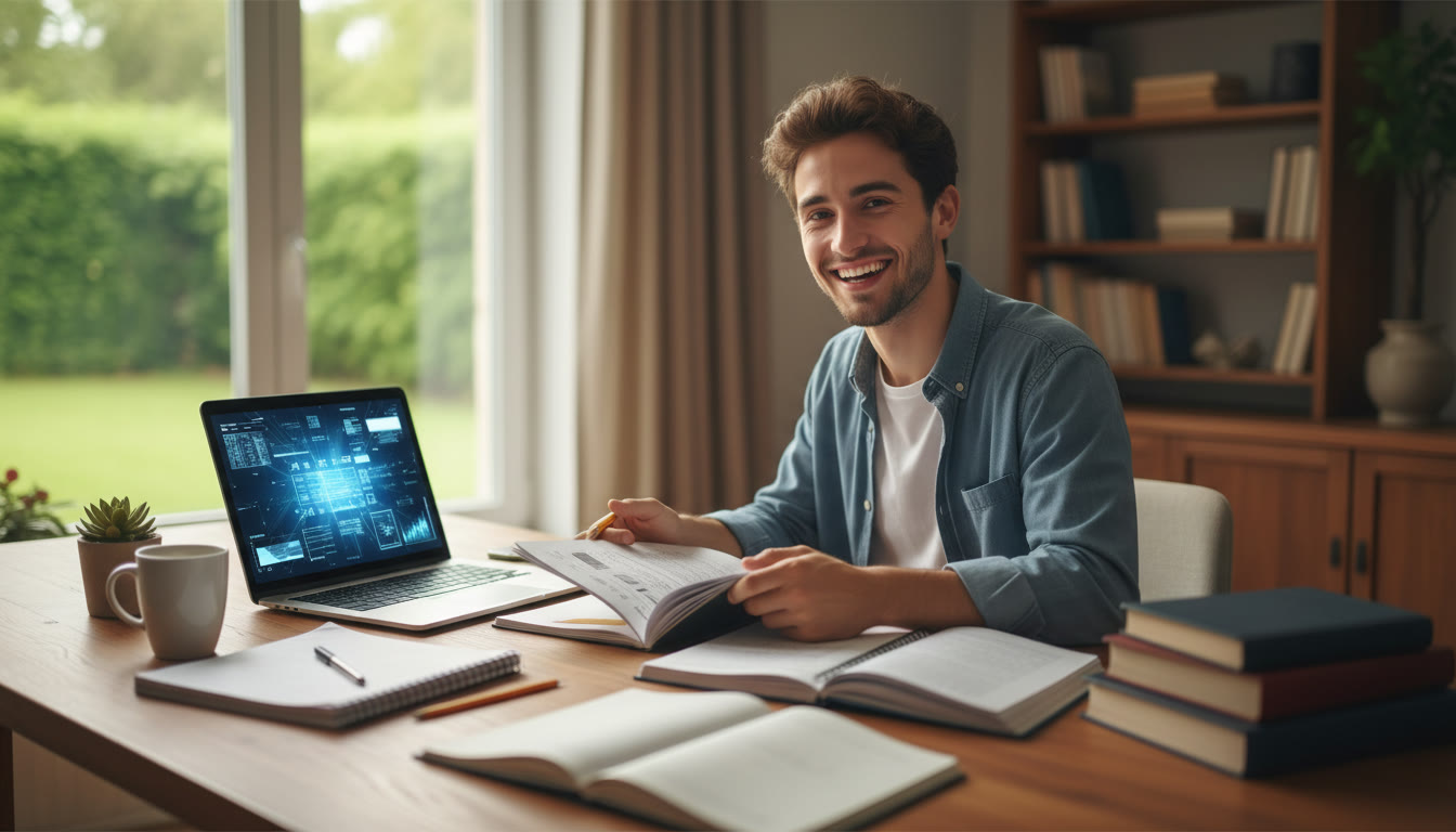 Photo Idea : A student reviewing application documents at a desk with a laptop and notebooks