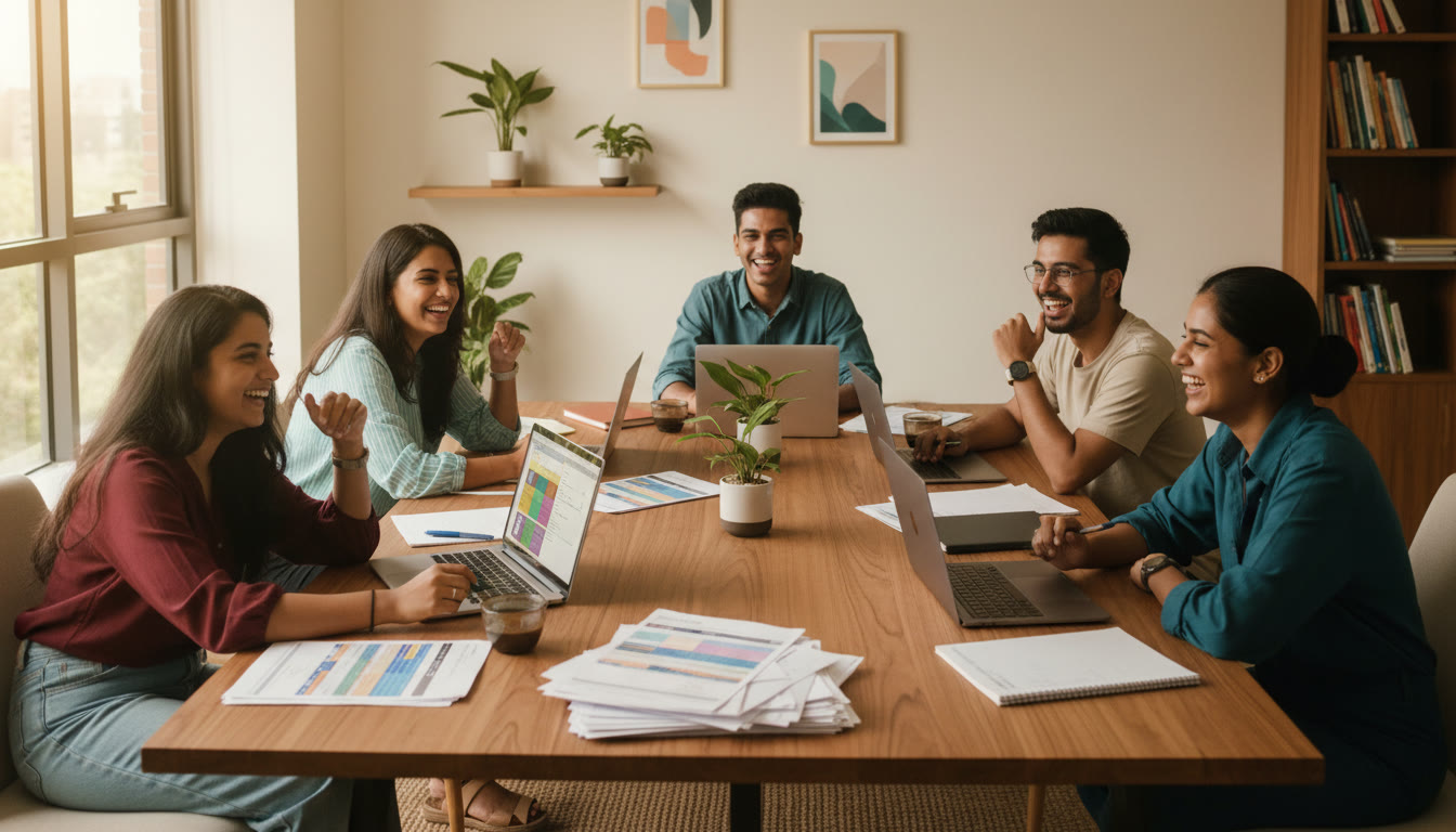Photo Idea : Group of students in a counseling room, laptops open with choice-filling screens and printed seat matrix sheets