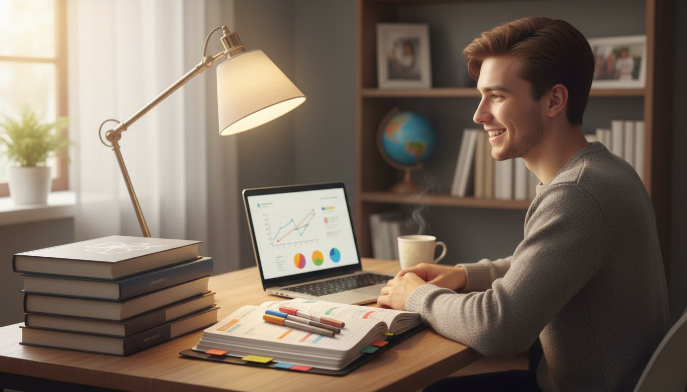 Photo Idea : A student at a desk with a laptop, color-coded planner, a stack of subject textbooks, and a warm lamp