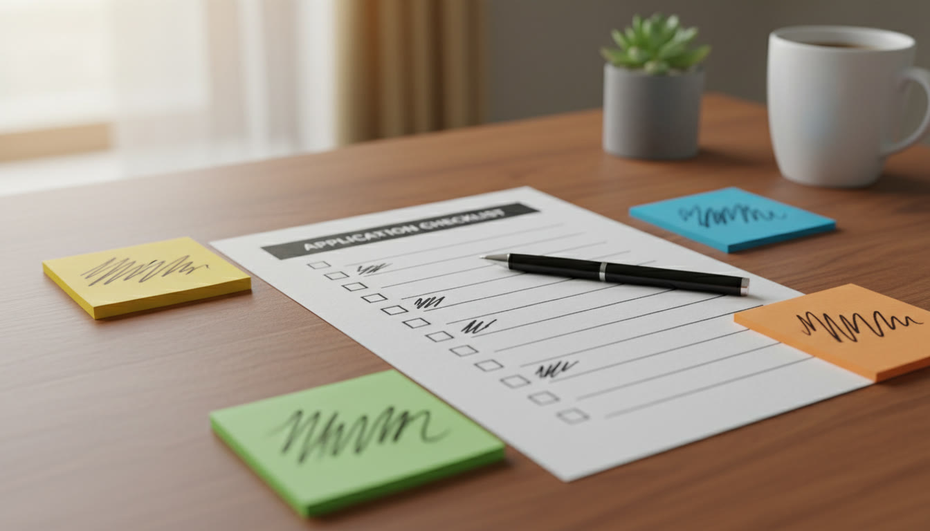 Photo Idea : Close-up of an application checklist on a desk with sticky notes labeled