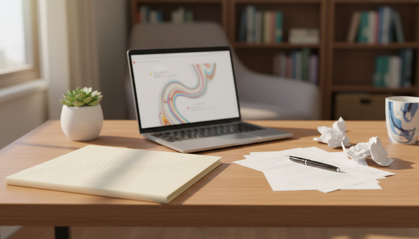 Photo Idea : a neat desk with a folder labeled "Reflections" alongside a laptop and printed supervisor notes