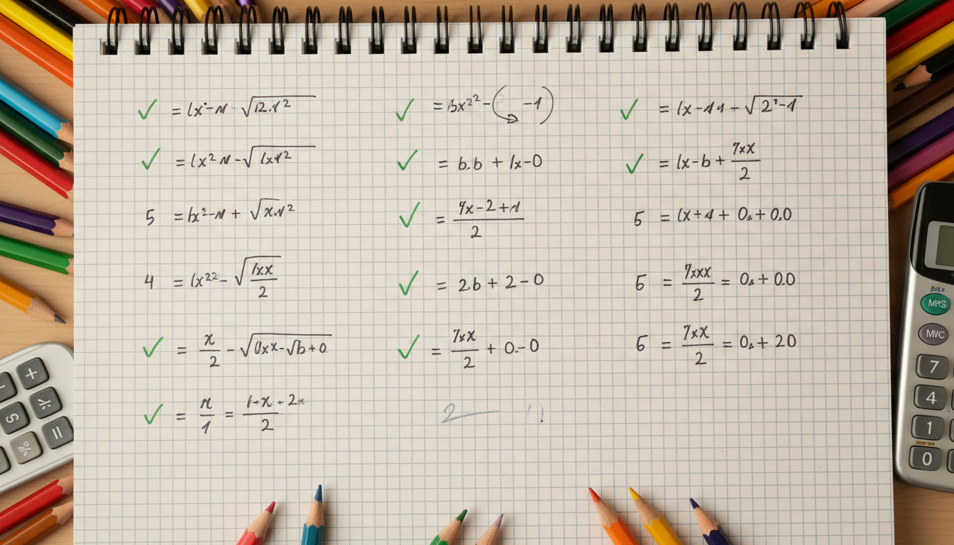 Photo Idea : Close-up of written mathematical workings with clear steps and ticks