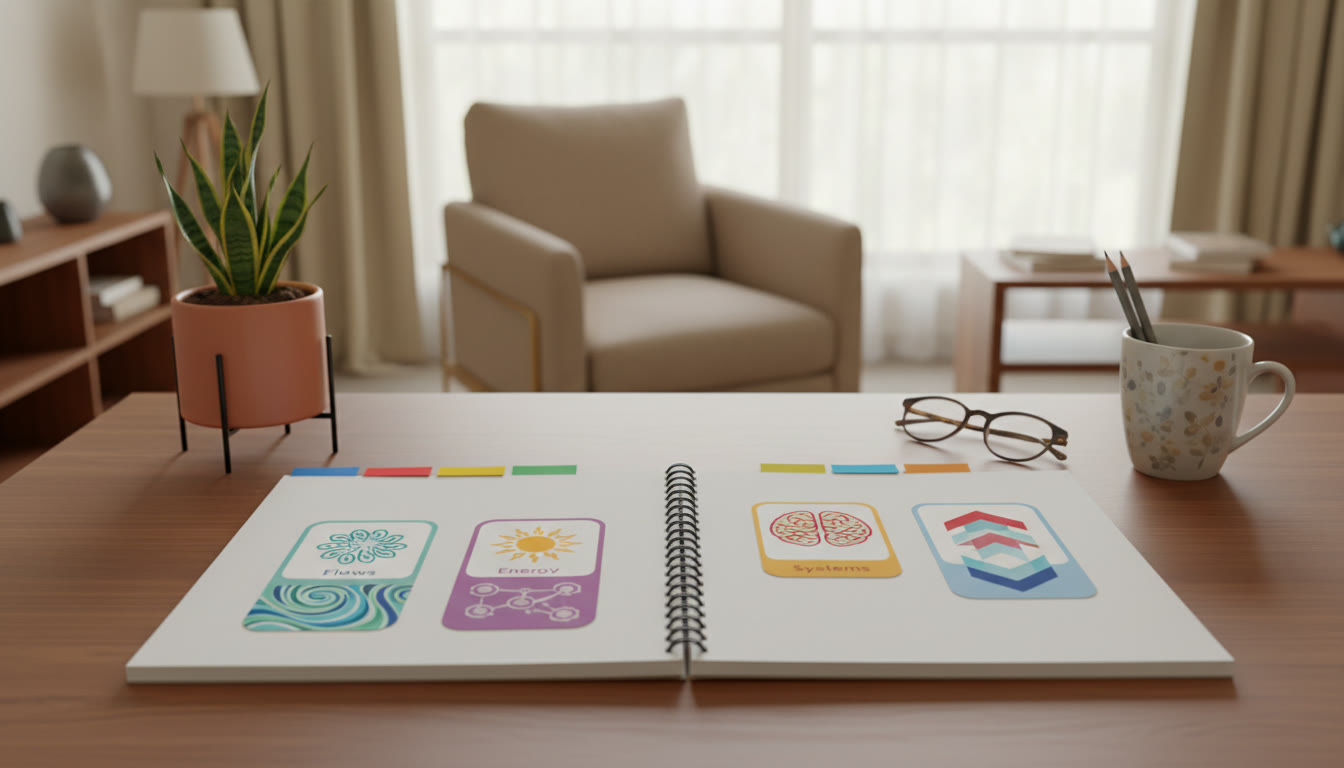 Photo Idea : Open notebook with concise chapter summary cards and colorful sticky tabs