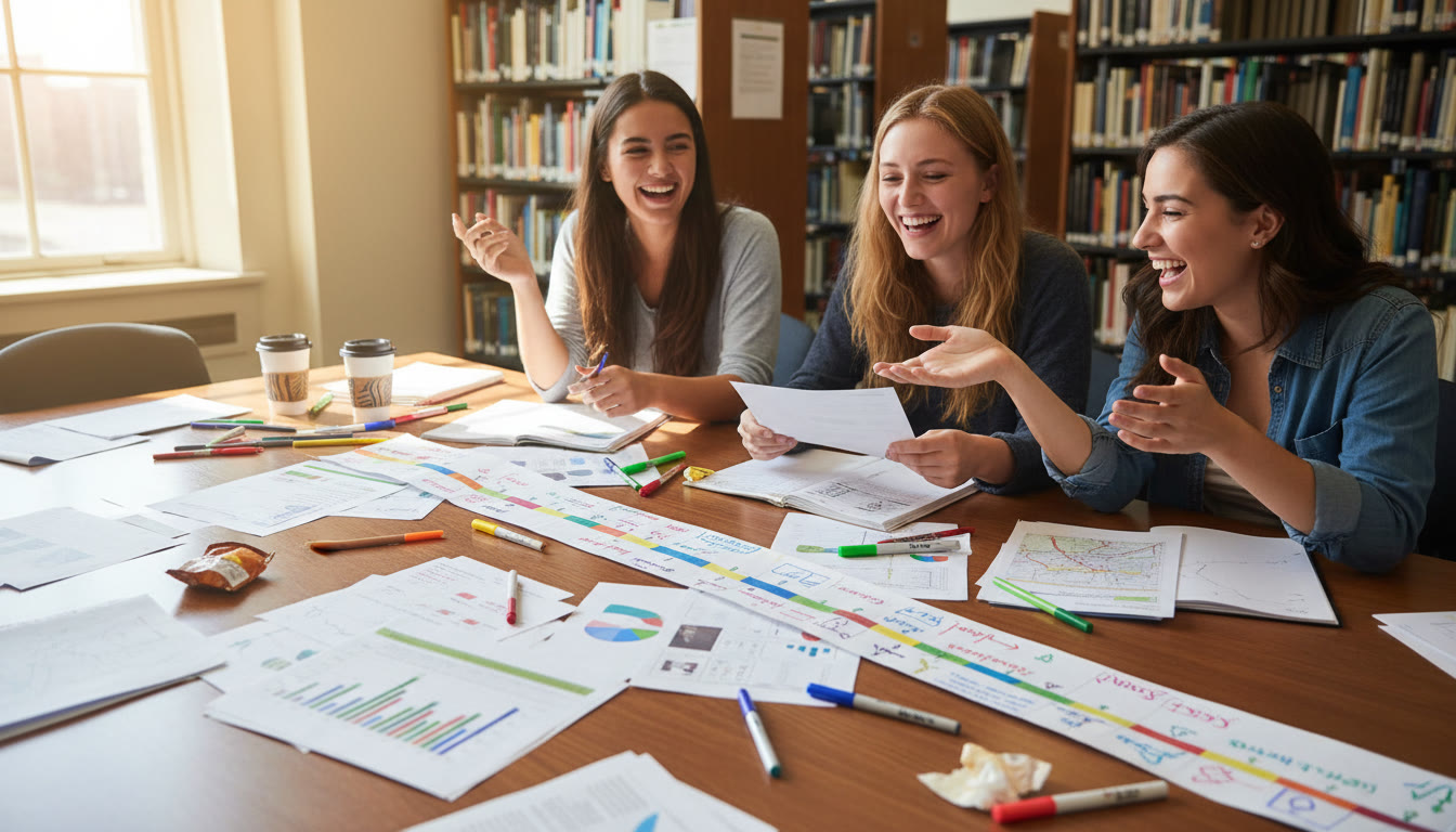 Photo Idea : A small group of IB students gathered around a table covered in annotated source prints, colored pens, and a timeline.