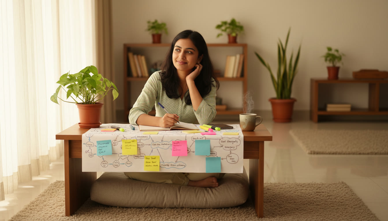 Photo Idea : A student calmly revising with a reaction map and sticky notes on a desk