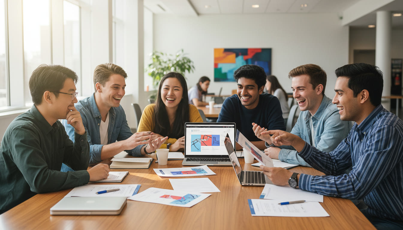 Photo Idea : A diverse group of IB students around a table, pointing at university websites and printed forms