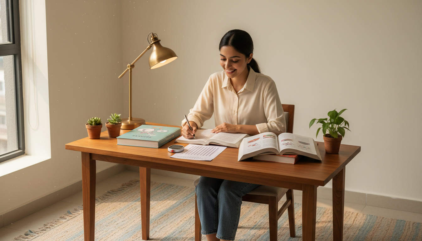 Photo Idea : A focused student at a study desk with open physics, chemistry and biology books, a stopwatch, and an OMR sheet