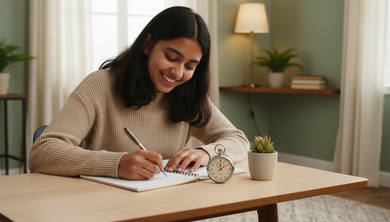 Photo Idea : Student focused at a desk working on a timed mock test with a stopwatch visible