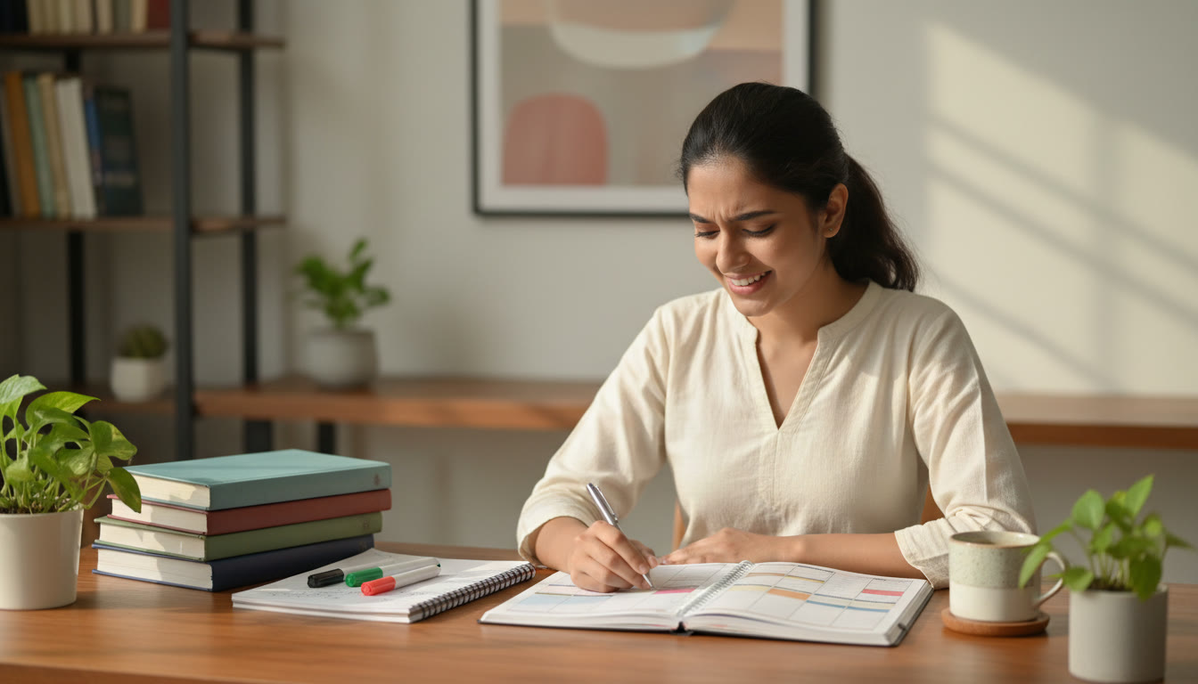 Photo Idea : A focused student at a tidy desk with a planner, textbooks, a notebook open to a revision timetable, and a cup of tea.