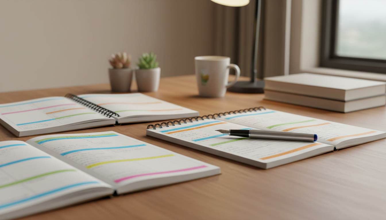 Photo Idea : Close-up of neat subject-wise error log pages with colored highlights and a pen