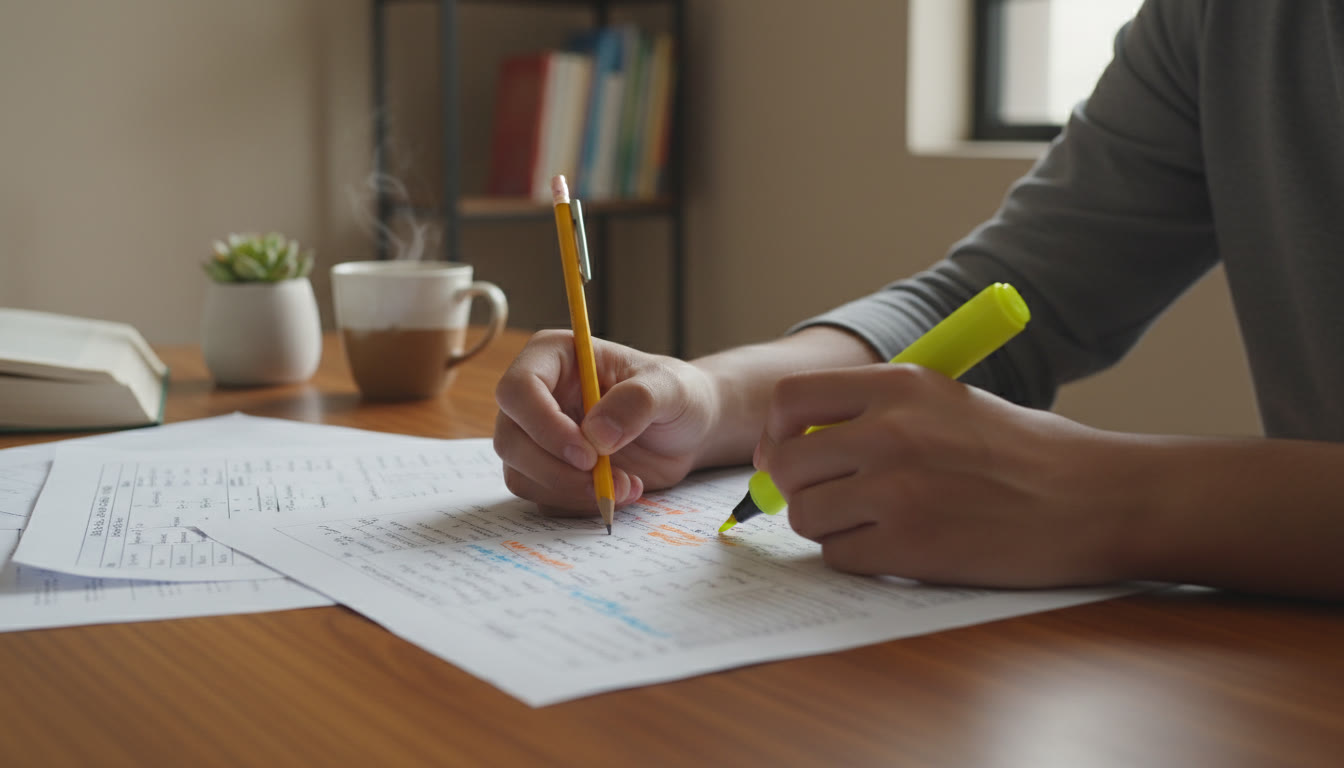 Photo Idea : Close-up of a student’s hand annotating a formula sheet with a pencil and highlighter