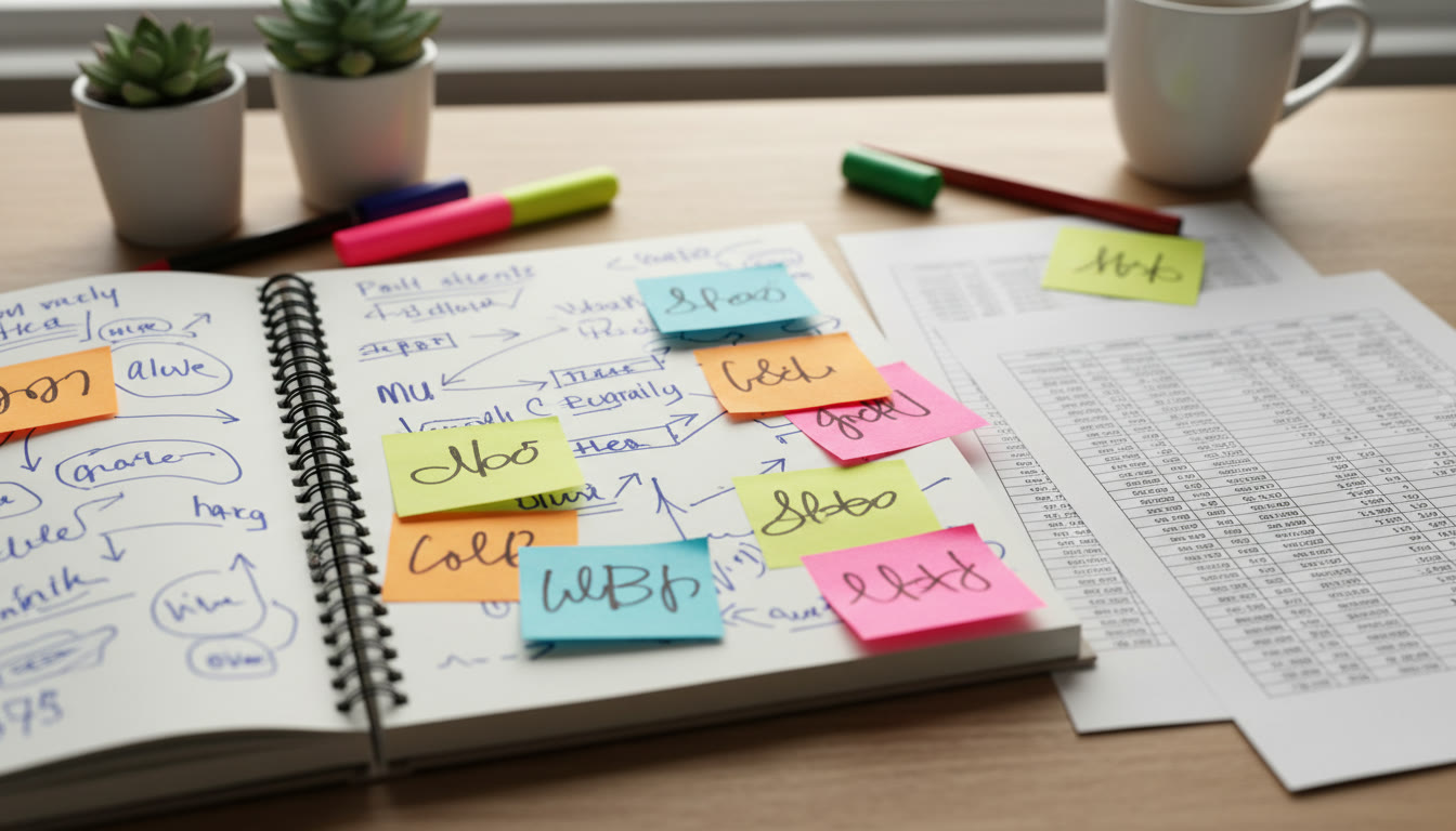 Photo Idea : An open notebook with handwritten annotations beside printed data tables and colourful sticky notes