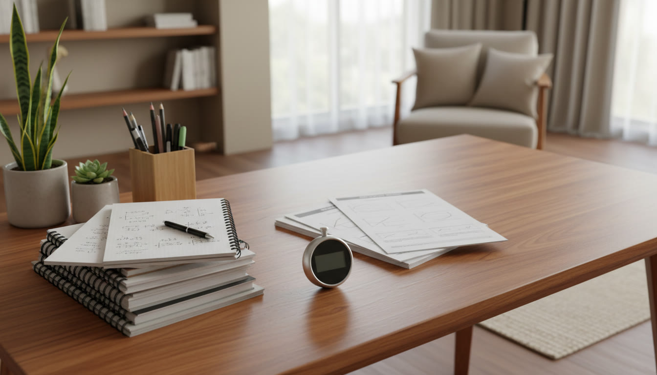 Photo Idea : A calm study desk with organized notes, a stopwatch, mock test papers, and a pencil holder
