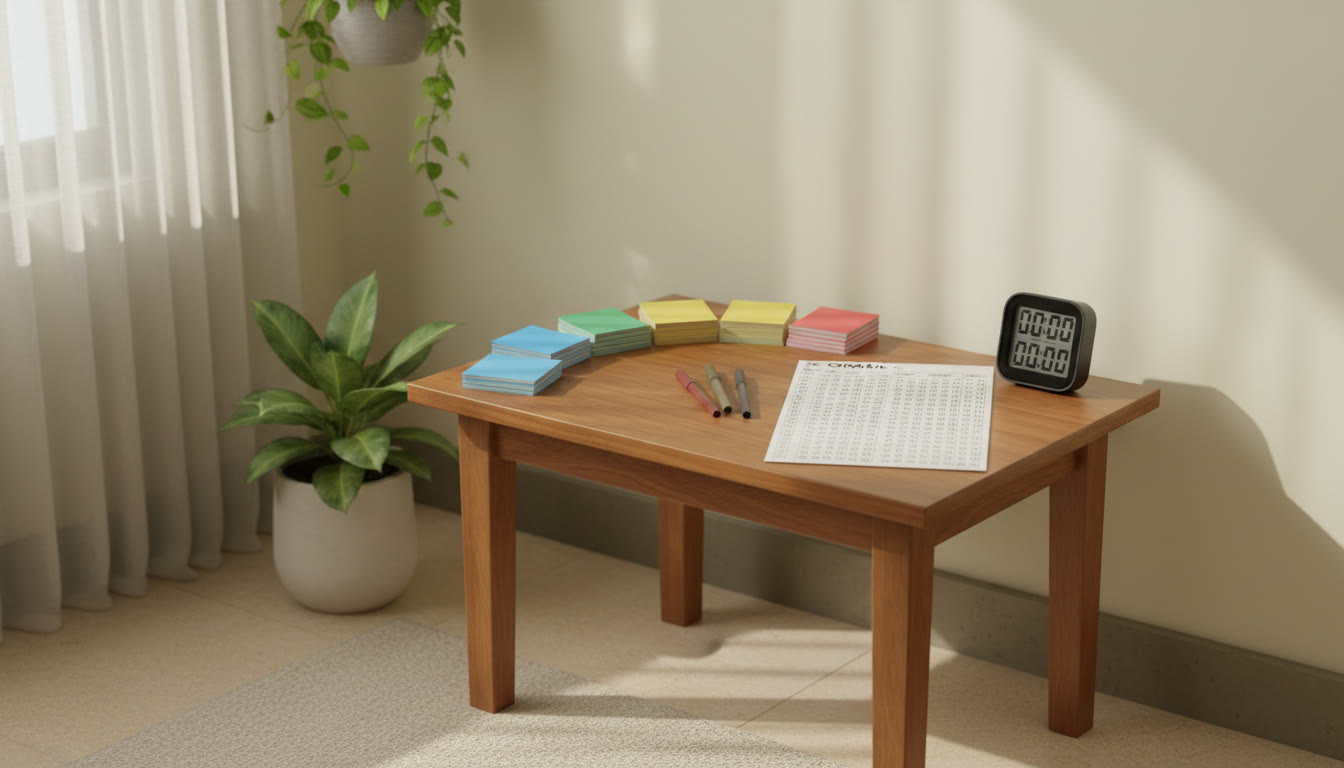 Photo Idea : A small desk with color-coded index cards, a timer, and a mock OMR sheet ready for practice