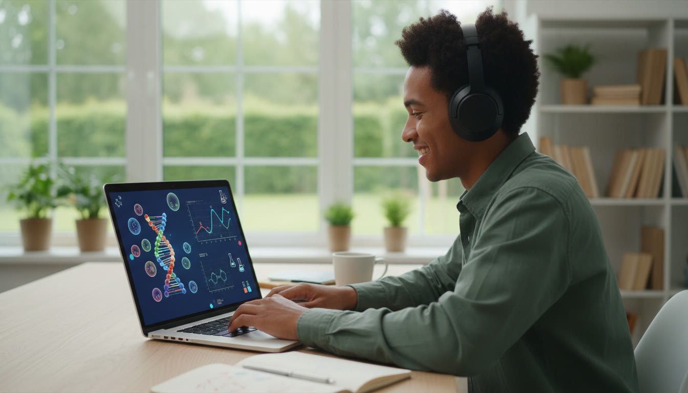Photo Idea : A student working on a laptop with virtual lab simulations on screen, headphones on